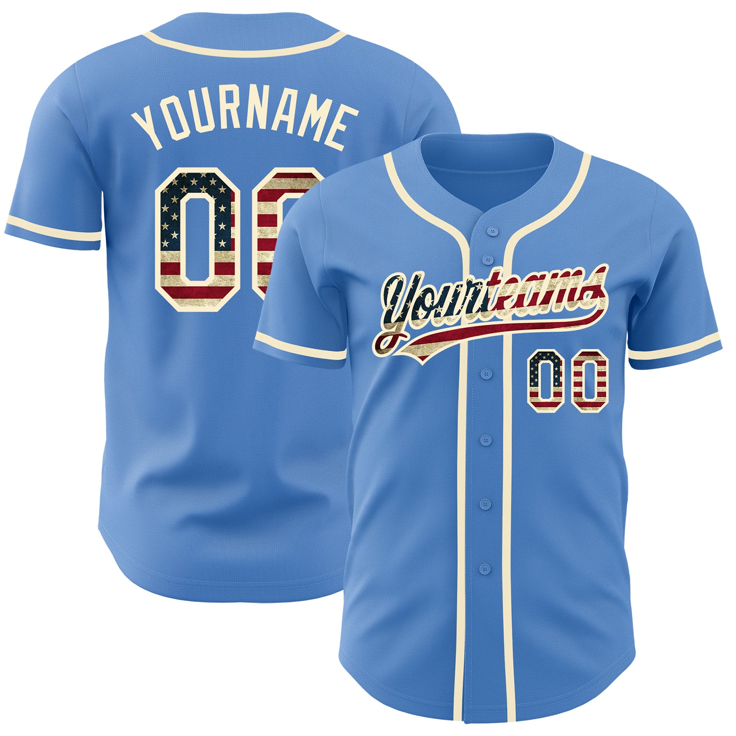 Personalized Powder Blue Vintage USA Flag-Cream Authentic Baseball Jersey Team Custom Name and Number