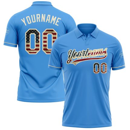 Personalized Powder Blue Vintage USA Flag-Cream Performance Vapor Golf Polo Shirt Team Custom Name and Number