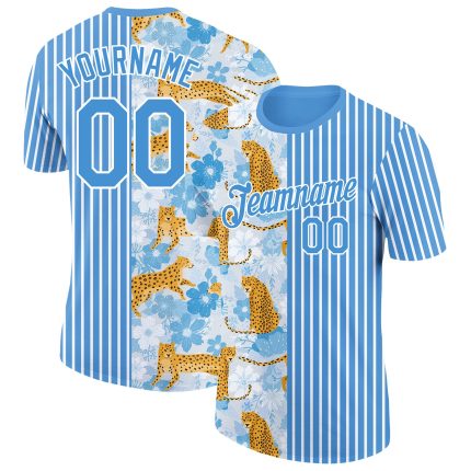 Personalized Powder Blue White 3D Pattern Design Animal Leopard Performance T-Shirt Team Custom Name and Number