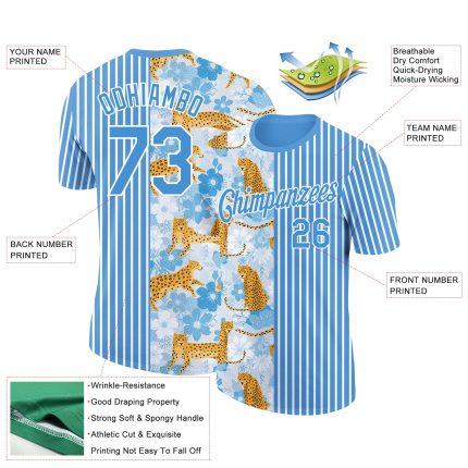 Personalized Powder Blue White 3D Pattern Design Animal Leopard Performance T-Shirt Team Custom Name and Number