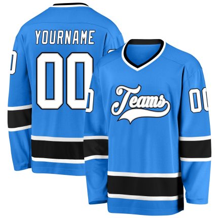 Personalized Powder Blue White-Black Hockey Jersey Team Custom Name and Number