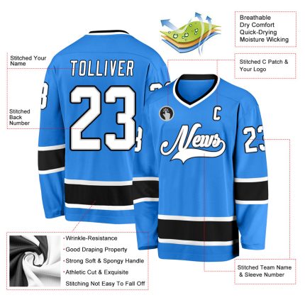 Personalized Powder Blue White-Black Hockey Jersey Team Custom Name and Number
