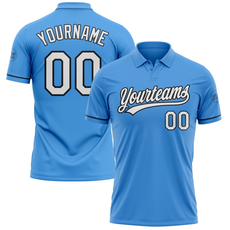 Personalized Powder Blue White-Black Performance Vapor Golf Polo Shirt Team Custom Name and Number