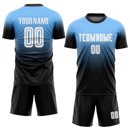 Personalized Powder Blue White-Black Sublimation Fade Fashion Soccer Uniform Jersey Team Custom Name and Number
