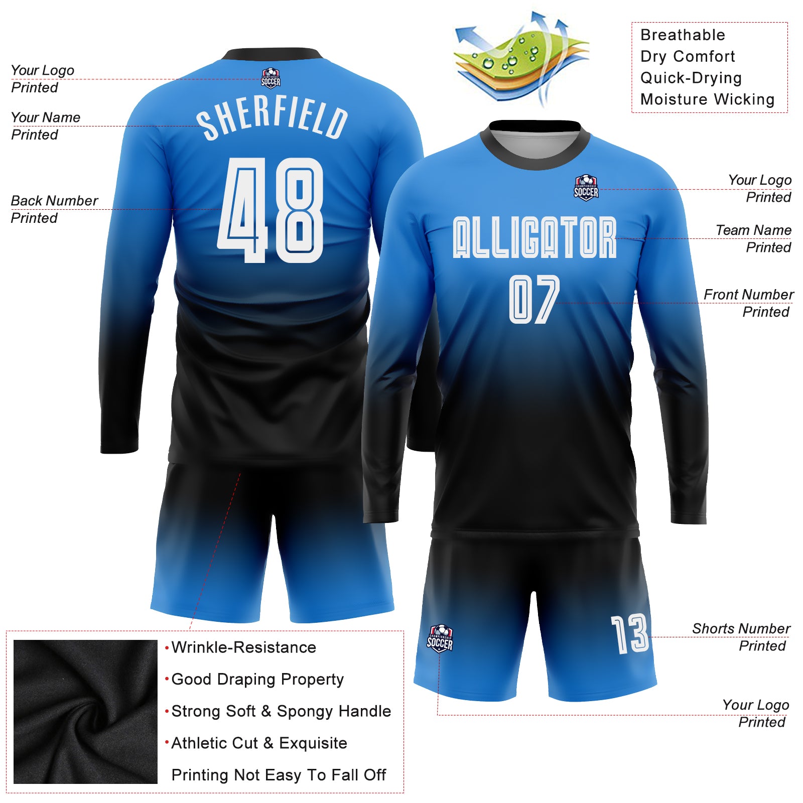 Personalized Powder Blue White-Black Sublimation Long Sleeve Fade Fashion Soccer Uniform Jersey Team Custom Name and Number Personalized Powder Blue White-Black Sublimation Long Sleeve Fade Fashion Soccer Uniform Jersey Team Custom Name and Number - Image 3