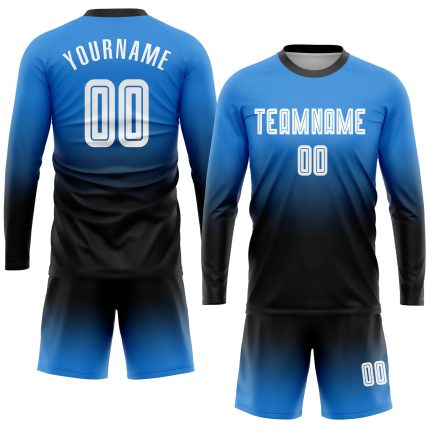 Personalized Powder Blue White-Black Sublimation Long Sleeve Fade Fashion Soccer Uniform Jersey Team Custom Name and Number