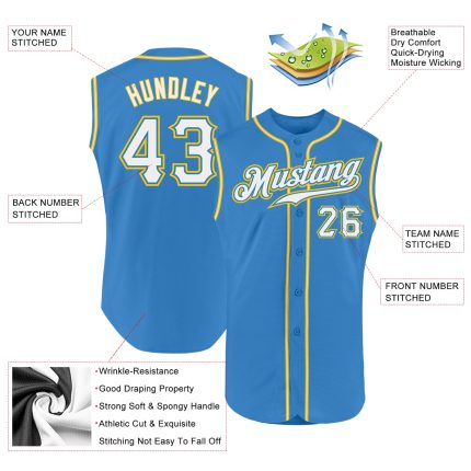 Personalized Powder Blue White-Gold Authentic Sleeveless Baseball Jersey Team Custom Name and Number