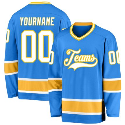 Personalized Powder Blue White-Gold Hockey Jersey Team Custom Name and Number