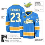 Personalized Powder Blue White-Gold Hockey Jersey Team Custom Name and Number
