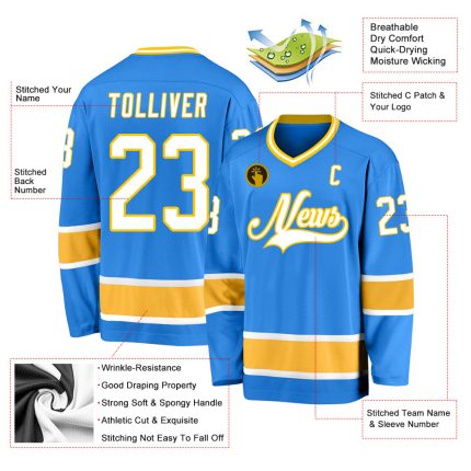 Personalized Powder Blue White-Gold Hockey Jersey Team Custom Name and Number