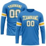 Personalized Powder Blue White Gold Long Sleeve Performance T-Shirt Team Custom Name and Number