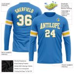 Personalized Powder Blue White Gold Long Sleeve Performance T-Shirt Team Custom Name and Number