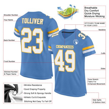 Personalized Powder Blue White-Gold Mesh Authentic Football Jersey