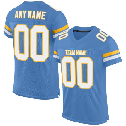 Personalized Powder Blue White-Gold Mesh Authentic Football Jersey