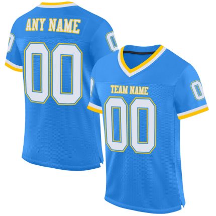 Custom powder blue, white and gold mesh throwback football jersey
