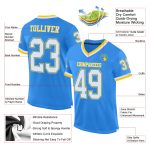 Custom powder blue, white and gold mesh throwback football jersey, back view