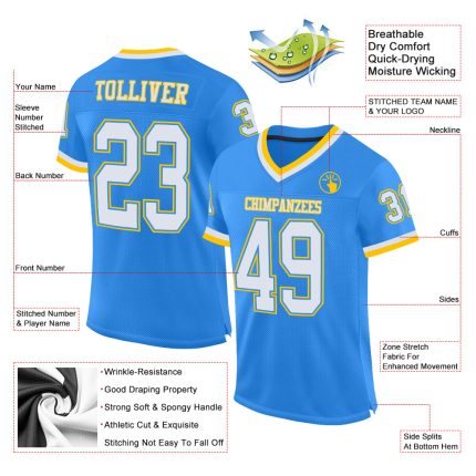 Custom powder blue, white and gold mesh throwback football jersey, back view