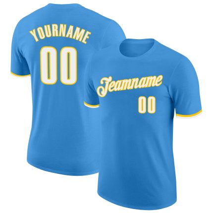 Personalized Powder Blue White-Gold Performance T-Shirt Team Custom Name and Number