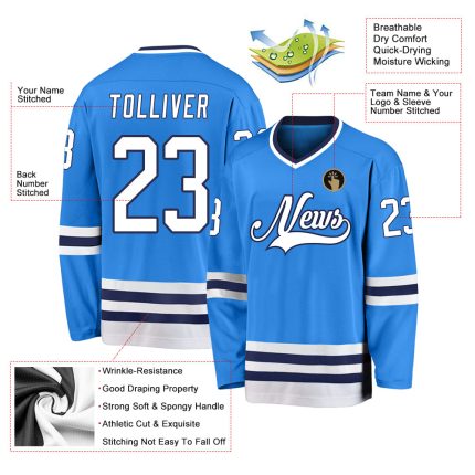 Personalized Powder Blue White-Navy Hockey Jersey Team Custom Name and Number