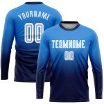 Personalized Powder Blue White-Navy Sublimation Long Sleeve Fade Fashion Soccer Uniform Jersey Team Custom Name and Number