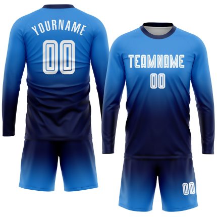 Personalized Powder Blue White-Navy Sublimation Long Sleeve Fade Fashion Soccer Uniform Jersey Team Custom Name and Number