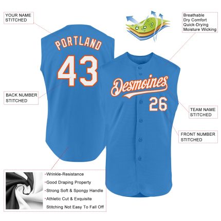 Personalized Powder Blue White-Orange Authentic Sleeveless Baseball Jersey Team Custom Name and Number