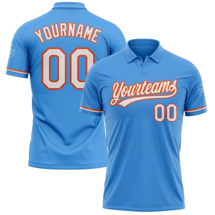 Personalized Powder Blue White-Orange Performance Vapor Golf Polo Shirt Team Custom Name and Number