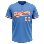 Personalized Powder Blue White-Orange Two-Button Unisex Softball Jersey Team Custom Name and Number