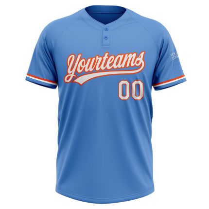 Personalized Powder Blue White-Orange Two-Button Unisex Softball Jersey Team Custom Name and Number
