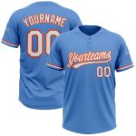Personalized Powder Blue White-Orange Two-Button Unisex Softball Jersey Team Custom Name and Number