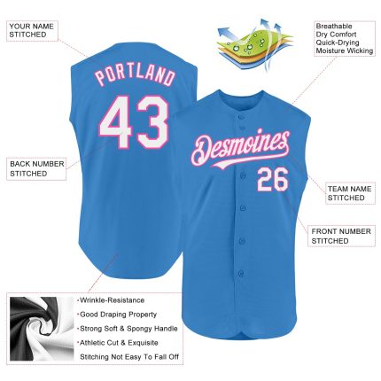 Personalized Powder Blue White-Pink Authentic Sleeveless Baseball Jersey Team Custom Name and Number