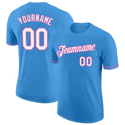 Personalized Powder Blue White-Pink Performance T-Shirt Team Custom Name and Number