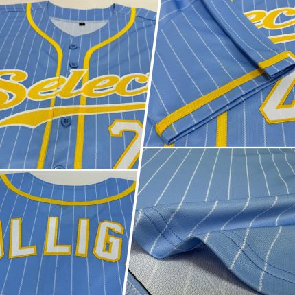 Personalized Powder Blue White Pinstripe Gold-White Authentic Baseball Jersey Team Custom Name and Number