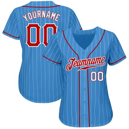 Personalized Powder Blue White Pinstripe Red-White Authentic Baseball Jersey Team Custom Name and Number