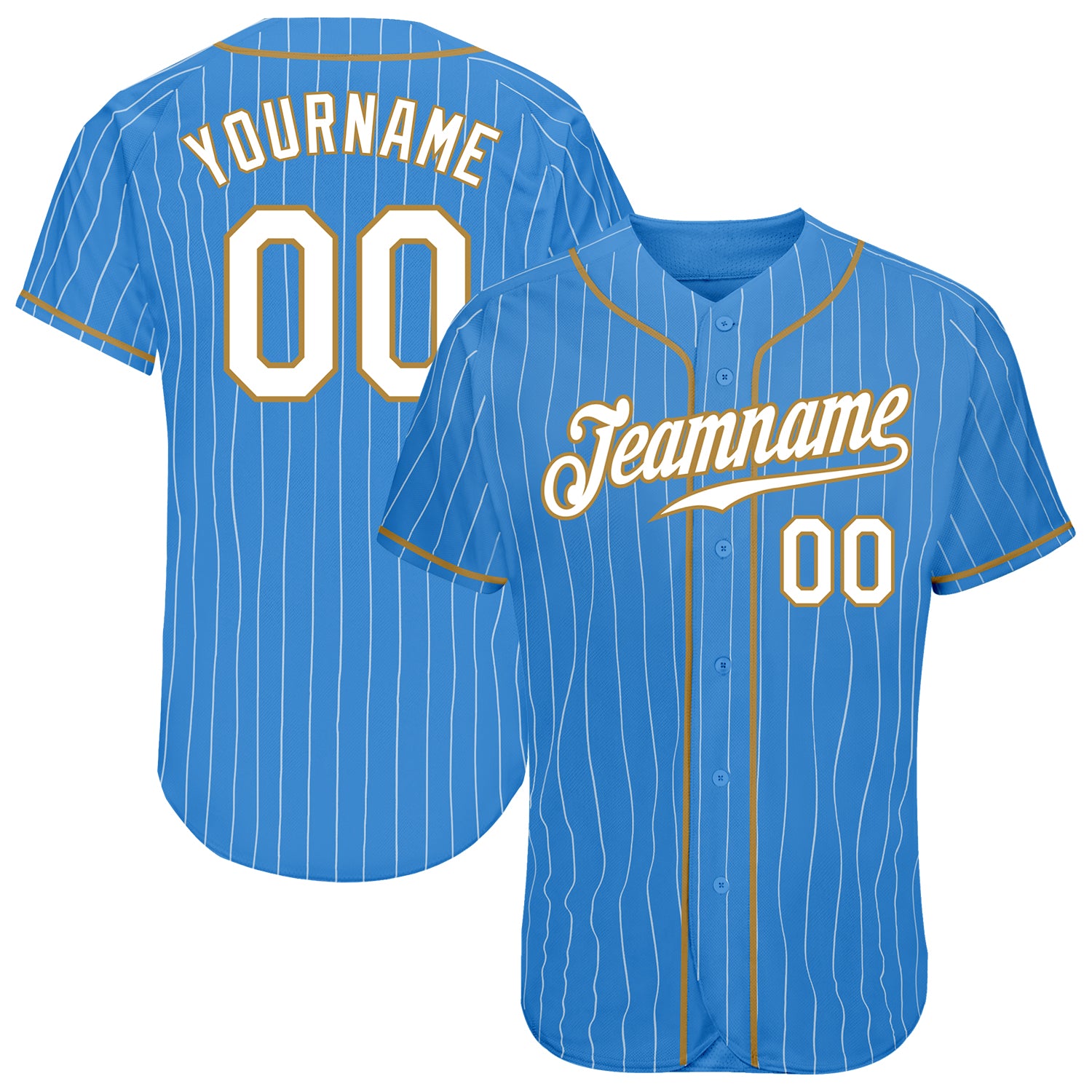 Personalized Powder Blue White Pinstripe White-Old Gold Authentic Baseball Jersey Team Custom Name and Number