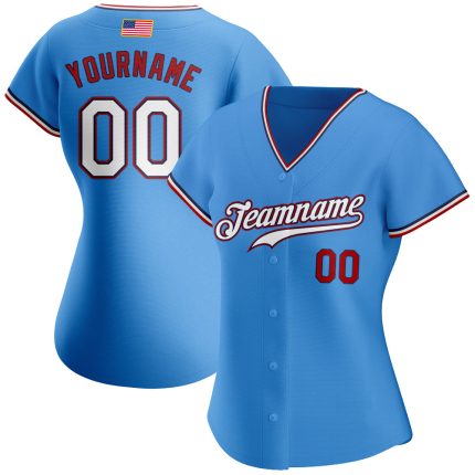 Personalized Powder Blue White-Red Authentic American Flag Fashion Baseball Jersey Team Custom Name and Number