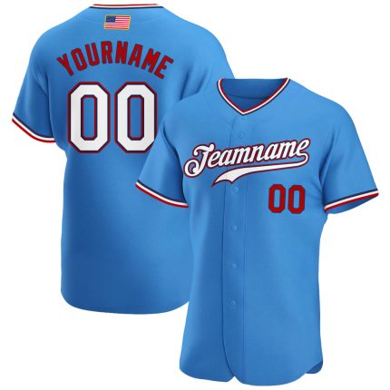Personalized Powder Blue White-Red Authentic American Flag Fashion Baseball Jersey Team Custom Name and Number