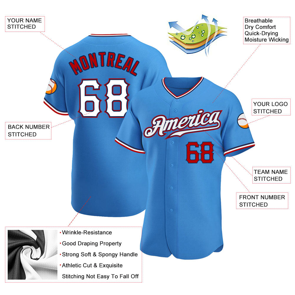 Personalized Powder Blue White-Red Authentic Baseball Jersey Team Custom Name and Number Personalized Powder Blue White-Red Authentic Baseball Jersey Team Custom Name and Number - Image 3