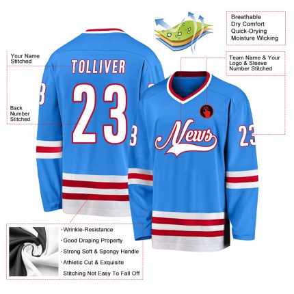 Personalized Powder Blue White-Red Hockey Jersey Team Custom Name and Number