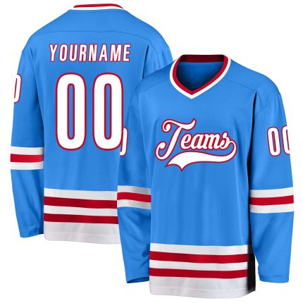Personalized Powder Blue White-Red Hockey Jersey Team Custom Name and Number