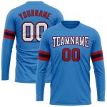 Personalized Powder Blue White Red-Navy Long Sleeve Performance T-Shirt Team Custom Name and Number
