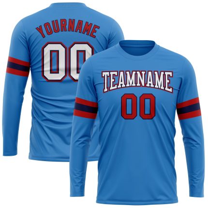 Personalized Powder Blue White Red-Navy Long Sleeve Performance T-Shirt Team Custom Name and Number
