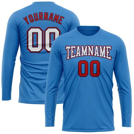 Personalized Powder Blue White Red-Navy Long Sleeve Performance T-Shirt Team Custom Name and Number