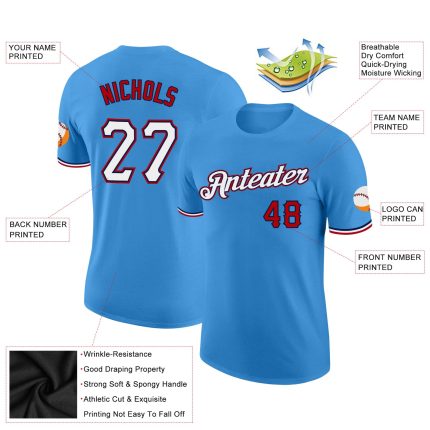 Personalized Powder Blue White-Red Performance T-Shirt Team Custom Name and Number