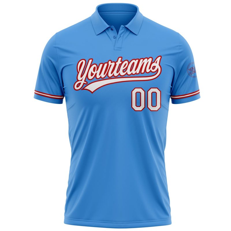 Personalized Powder Blue White-Red Performance Vapor Golf Polo Shirt Team Custom Name and Number