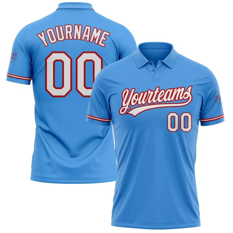Personalized Powder Blue White-Red Performance Vapor Golf Polo Shirt Team Custom Name and Number
