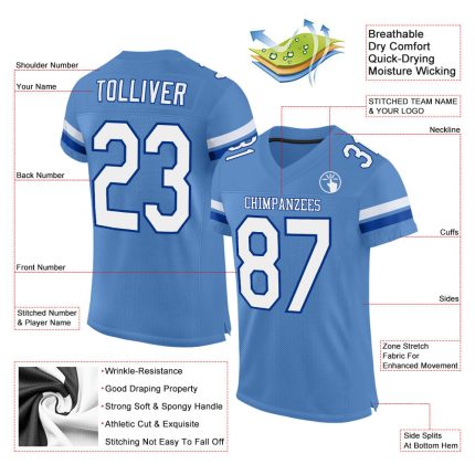 Personalized Powder Blue White-Royal Mesh Authentic Football Jersey