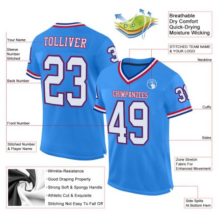 Personalized Powder Blue White-Royal Mesh Authentic Throwback Football Jersey Team Custom Name and Number