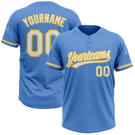 Personalized Powder Blue White-Yellow Two-Button Unisex Softball Jersey Team Custom Name and Number