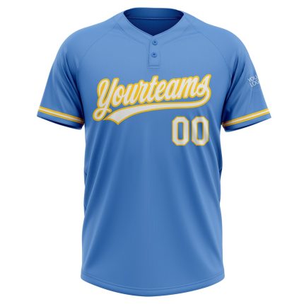 Personalized Powder Blue White-Yellow Two-Button Unisex Softball Jersey Team Custom Name and Number